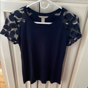 Navy Blue Sheer Polka Dot Sleeve Top